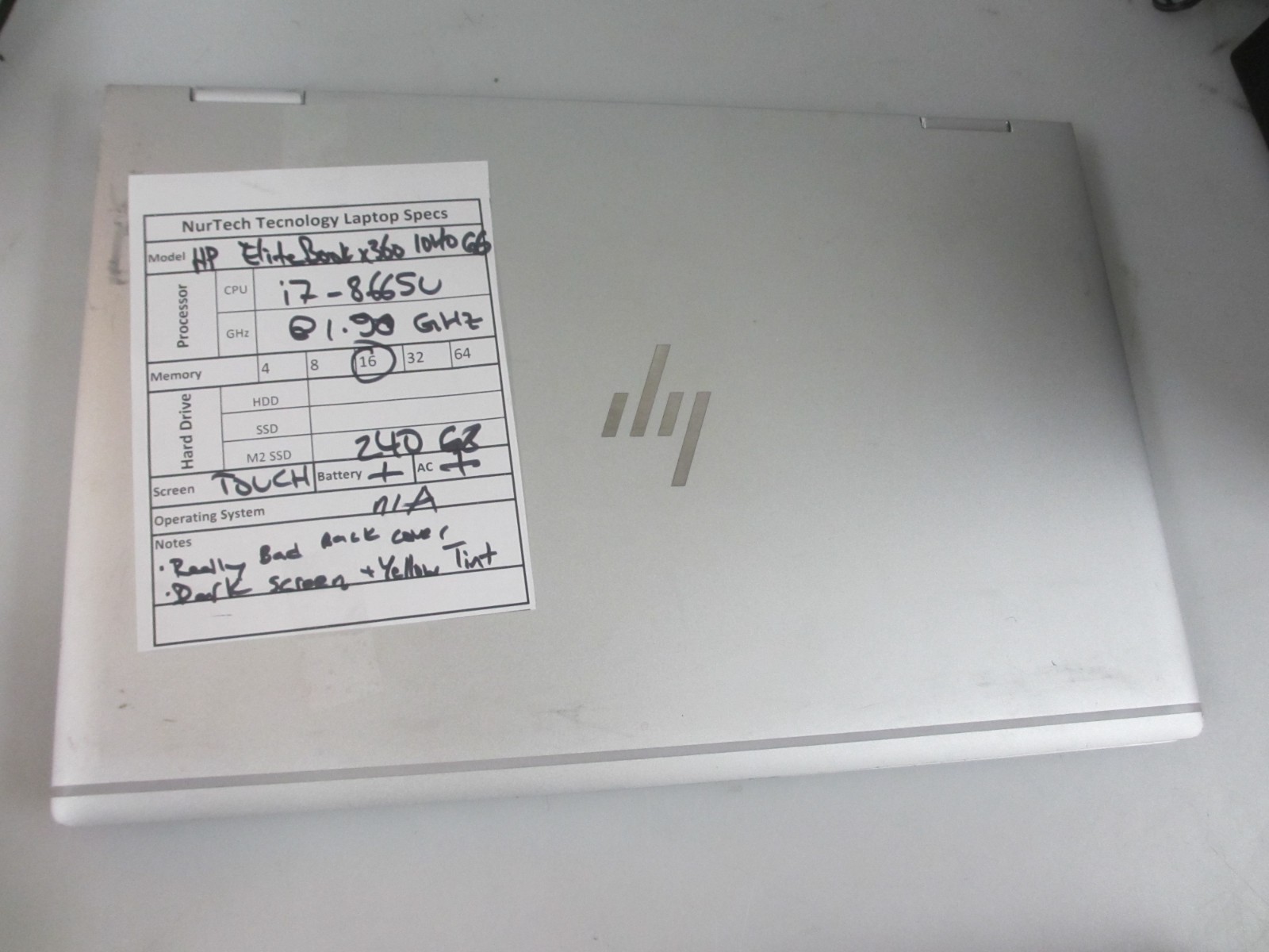 HP EliteBook X360 1040 G6 i7-8665U 1.90GHZ 16GB 240GBM2SSD Laptop NOOS +AC READ