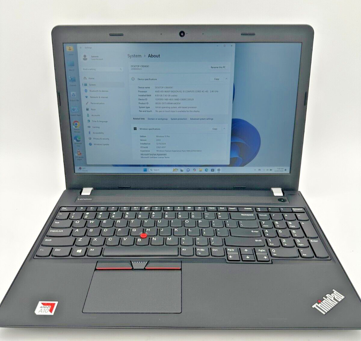 Lenovo ThinkPad E575 AMD A10-9600P Radeon R5 M330 2.40 GHz 8GB RAM 128 SSD Win11
