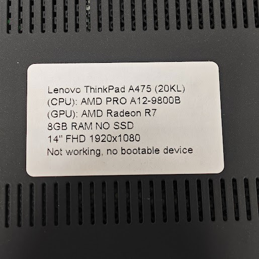 Lenovo ThinkPad A475 Laptop – AMD A12-9800B, AMD Radeon R7, 8GB RAM
