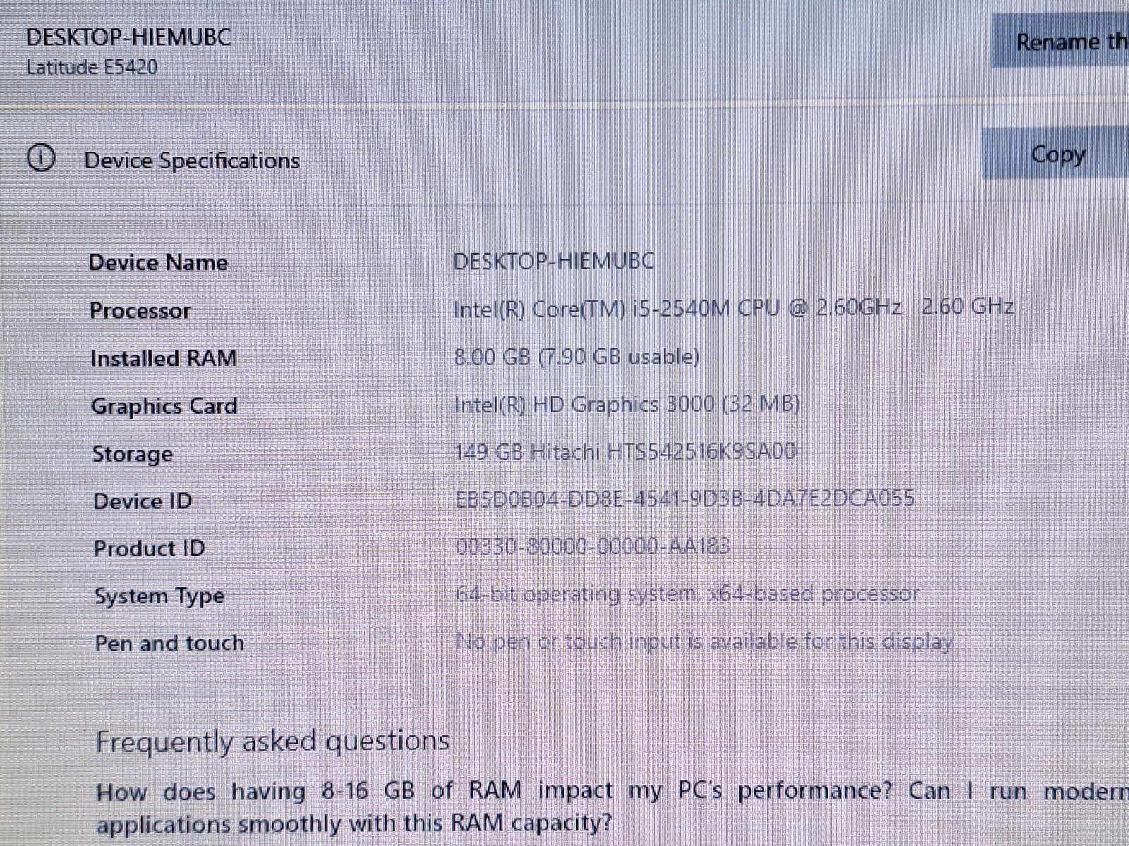 Dell Latitude E5420 Laptop Core i5 2.6GHz 8GB RAM Win 10 Pro GOOD BATT NO CHRGR