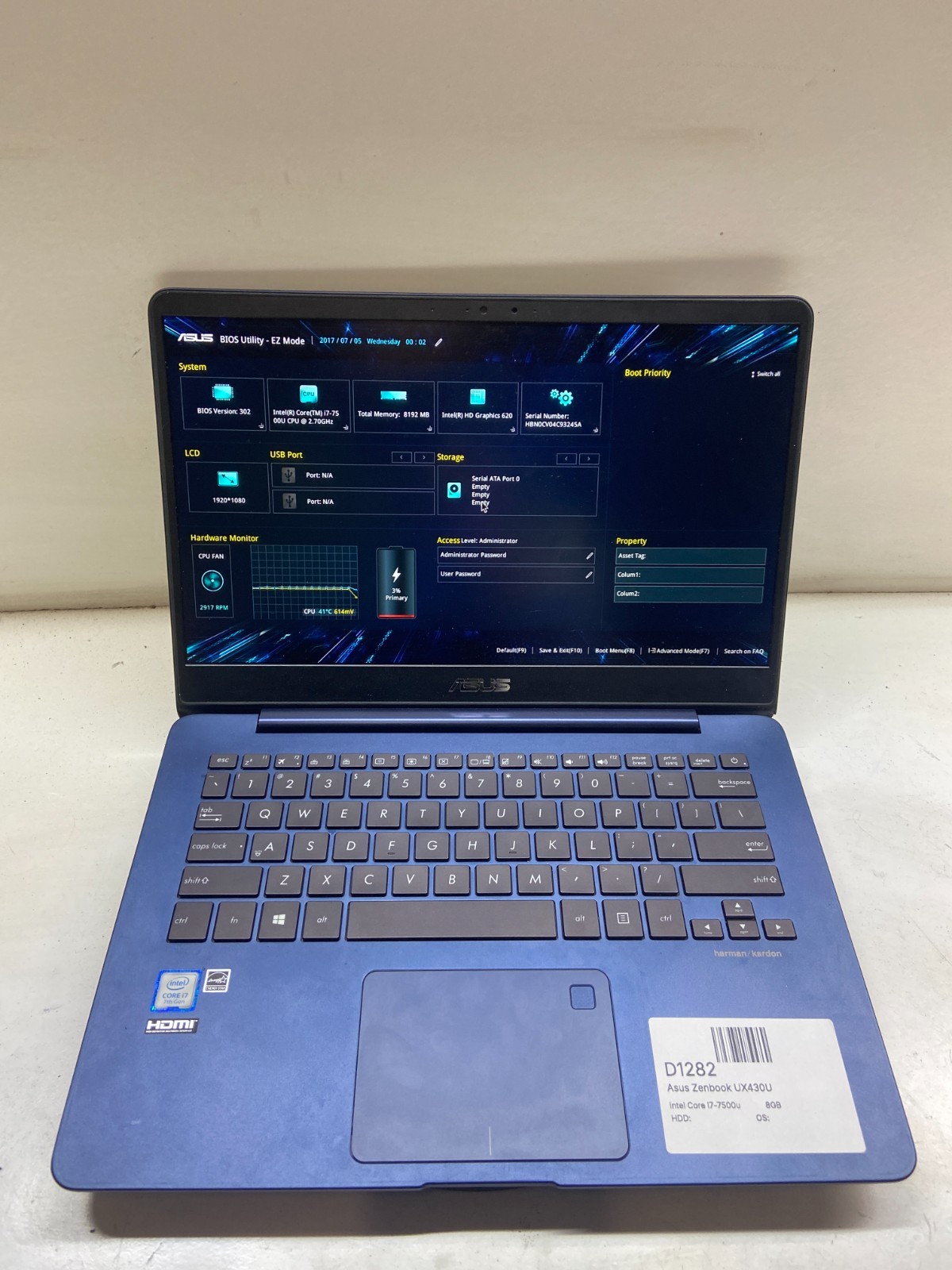 Asus Zenbook UX430U Intel Core i7-7500u 2.7GHz 8GB NO HDD