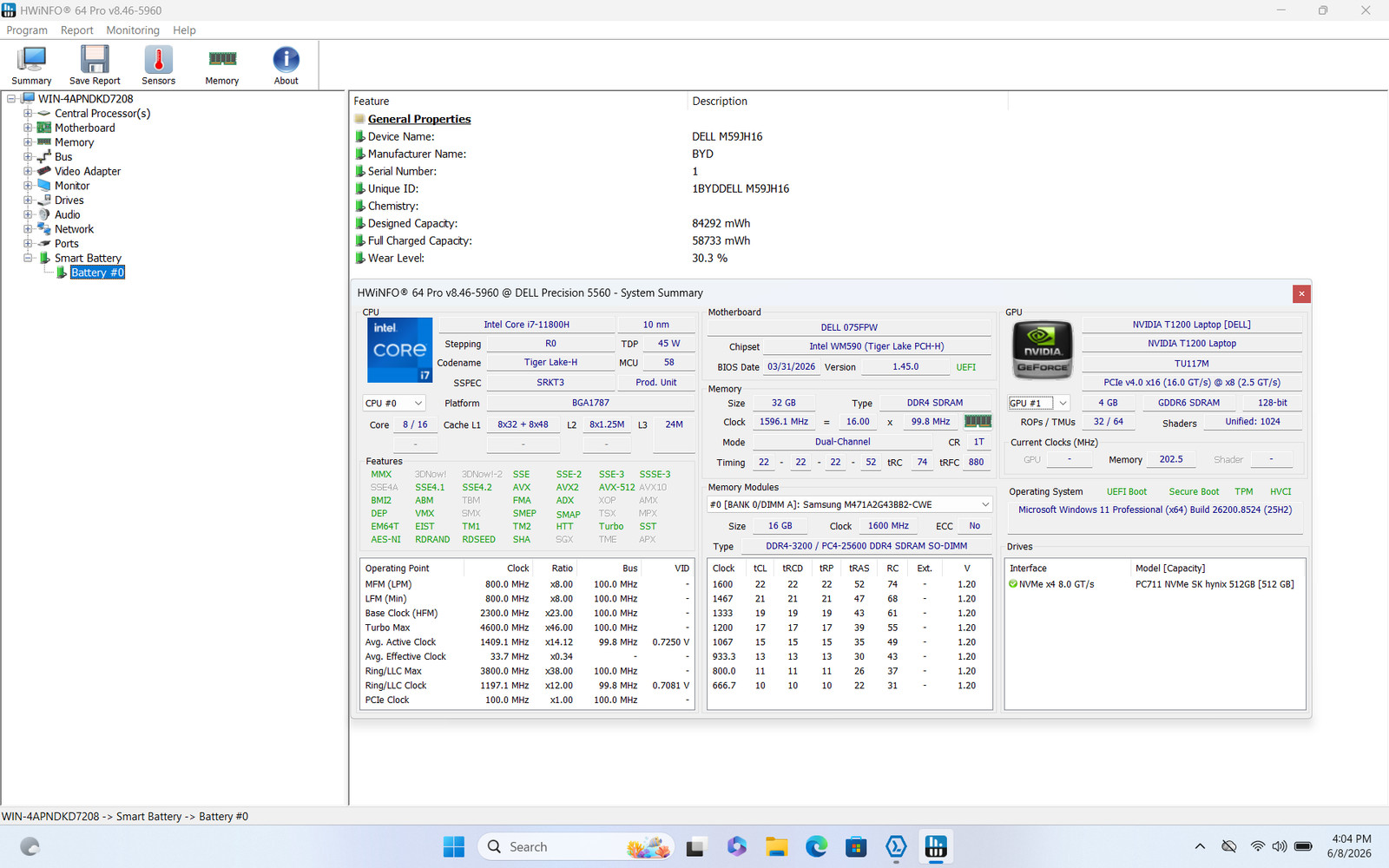 Dell Precision 5560 15.6″ FHD+ I7-11800H 512GB 32GB W11P T1200 Backlit FP Reader