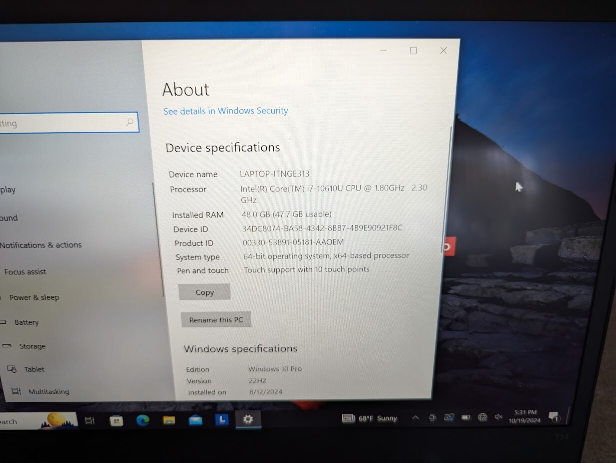 Lenovo T14 G1 i7-10610U 48GB RAM/500 GB SSD – Win 10 Pro TOUCHSCREEN