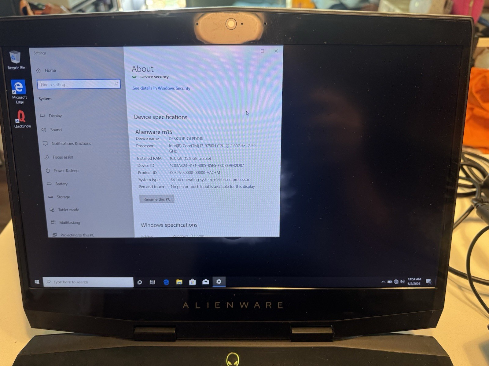 Alienware M15 R1 16GB 475GB SSD Intel i7-9750H NVIDIA Gaming Laptop PC Computer