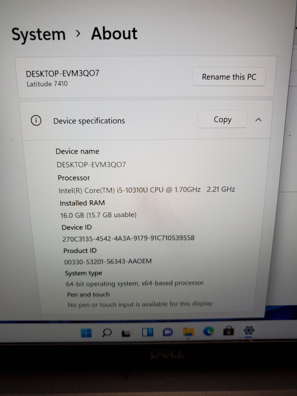 Dell Latitude 7410 14″ i5-10310U 1.7GHz 16GB RAM 256GB SSD Win11 NO BATTERY #69
