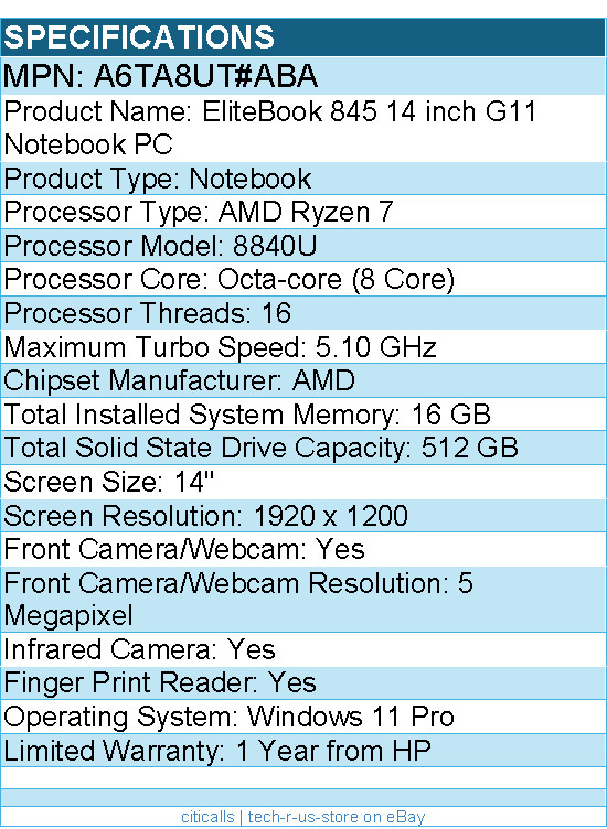 HP A6TA8UT#ABA EliteBook 845 G11 14″ Touchscreen Notebook – AMD Ryzen 7