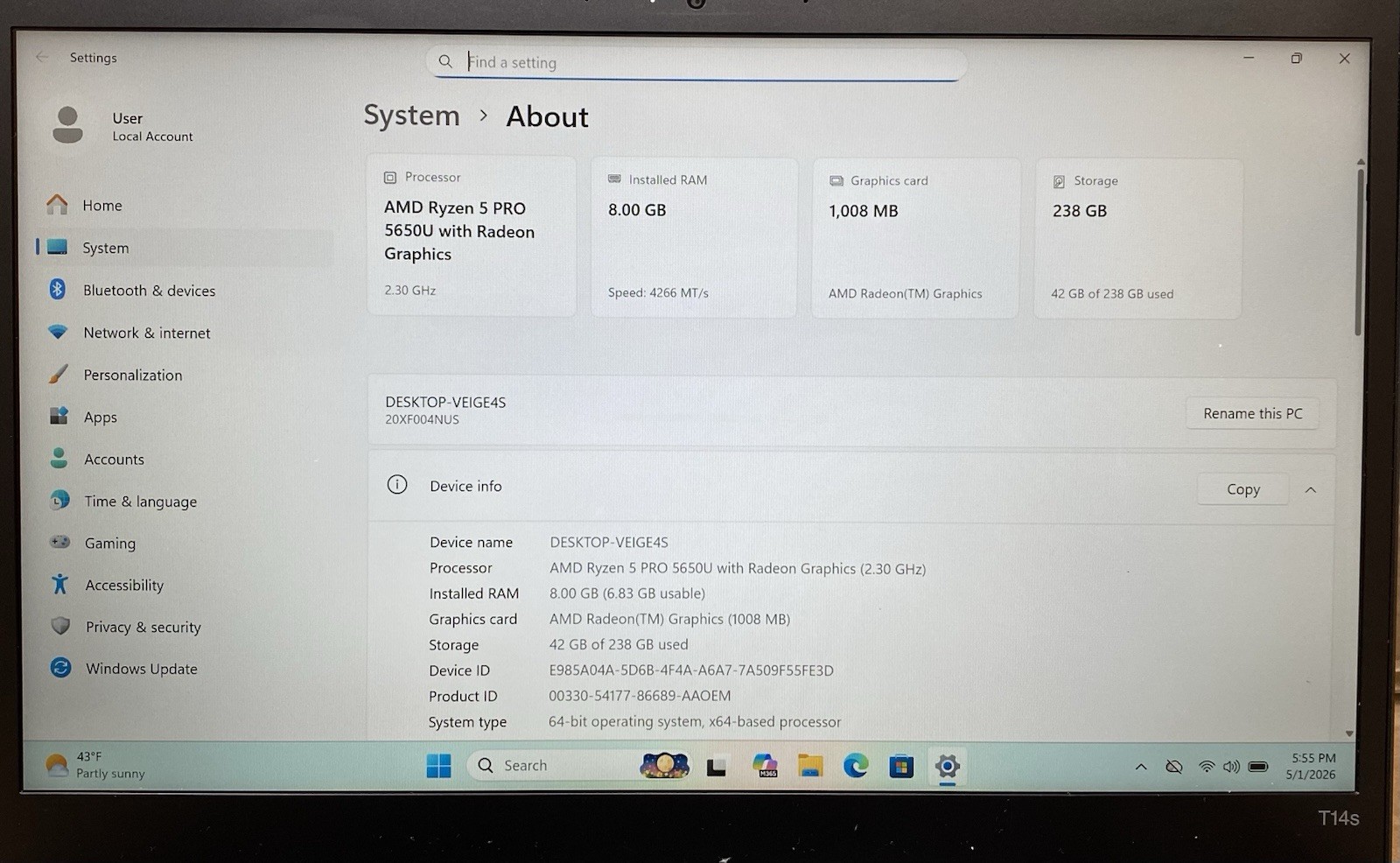 Lenovo ThinkPad T14s Gen 2 14″ AMD Ryzen 5 PRO 5650U 8GB RAM 256GB SSD Wind 11