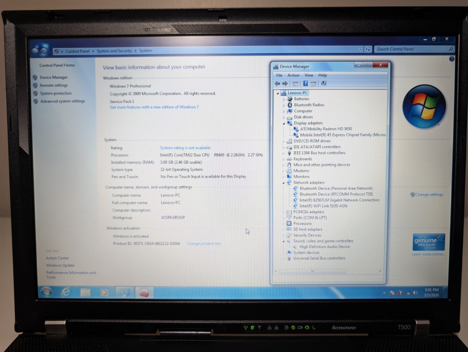 Lenovo ThinkPad T500 | C2D P8400 3GB RAM 320GB HDD | DVD AMD Win 7 Pro 32-Bit