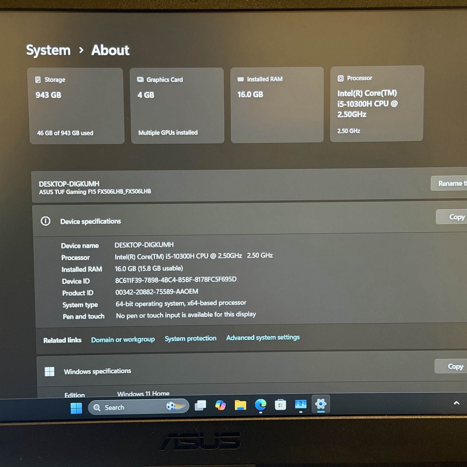 Asus TUF F15 Gaming Laptop 15.6 FHD i5-10300H 2.50GHz 16GB 1TB SSD GTX 1650