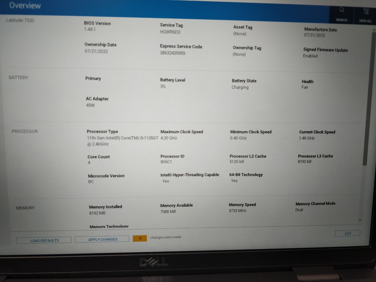 Dell Latitude 7320 I5 8GB RAM NO DRIVE PARTS 8976