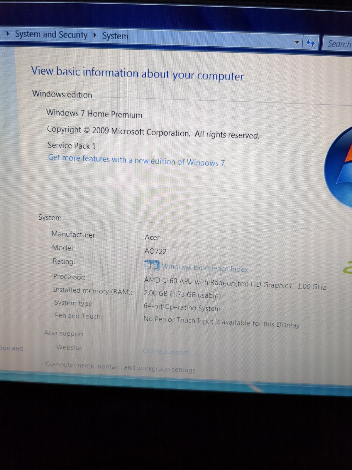 Vintage Acer One 722 11.6″ Windows 7 Netbook Laptop AMD CPU 2GB 320GB HHD