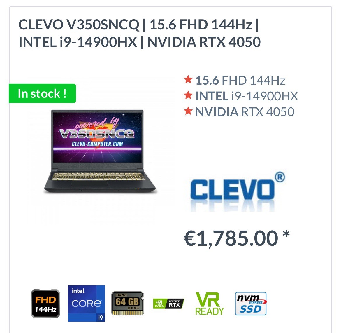 Gaming Laptop High-Performance CLEVO|15.6 FHD 144Hz|INTEL i9-14900HX |RTX 4050