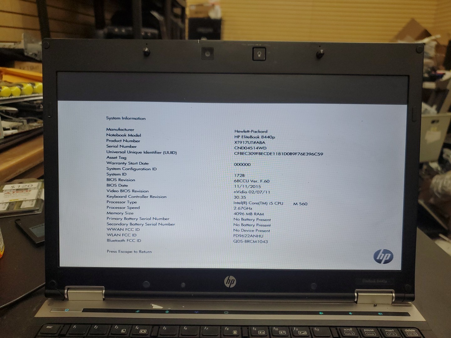 HP ELITEBOOK 8440P Laptop w/ INTEL CORE i5 M560 4gb RAM/No HDD 012626-16 No BATT