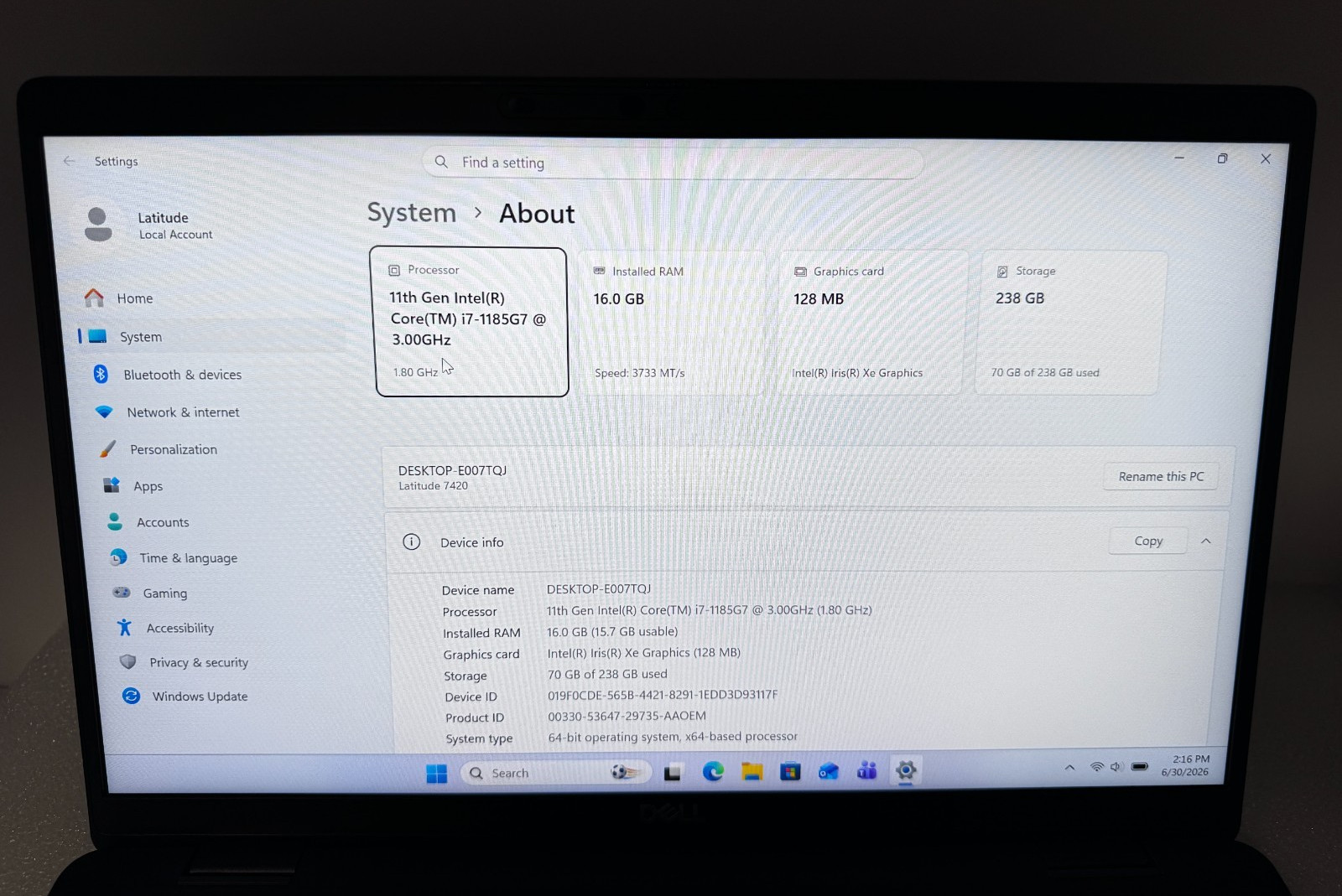 Dell Latitude 7420 14″ Laptop 11th Gen i7-1185G7 3.0GHz 16GB 256GB Windows 11