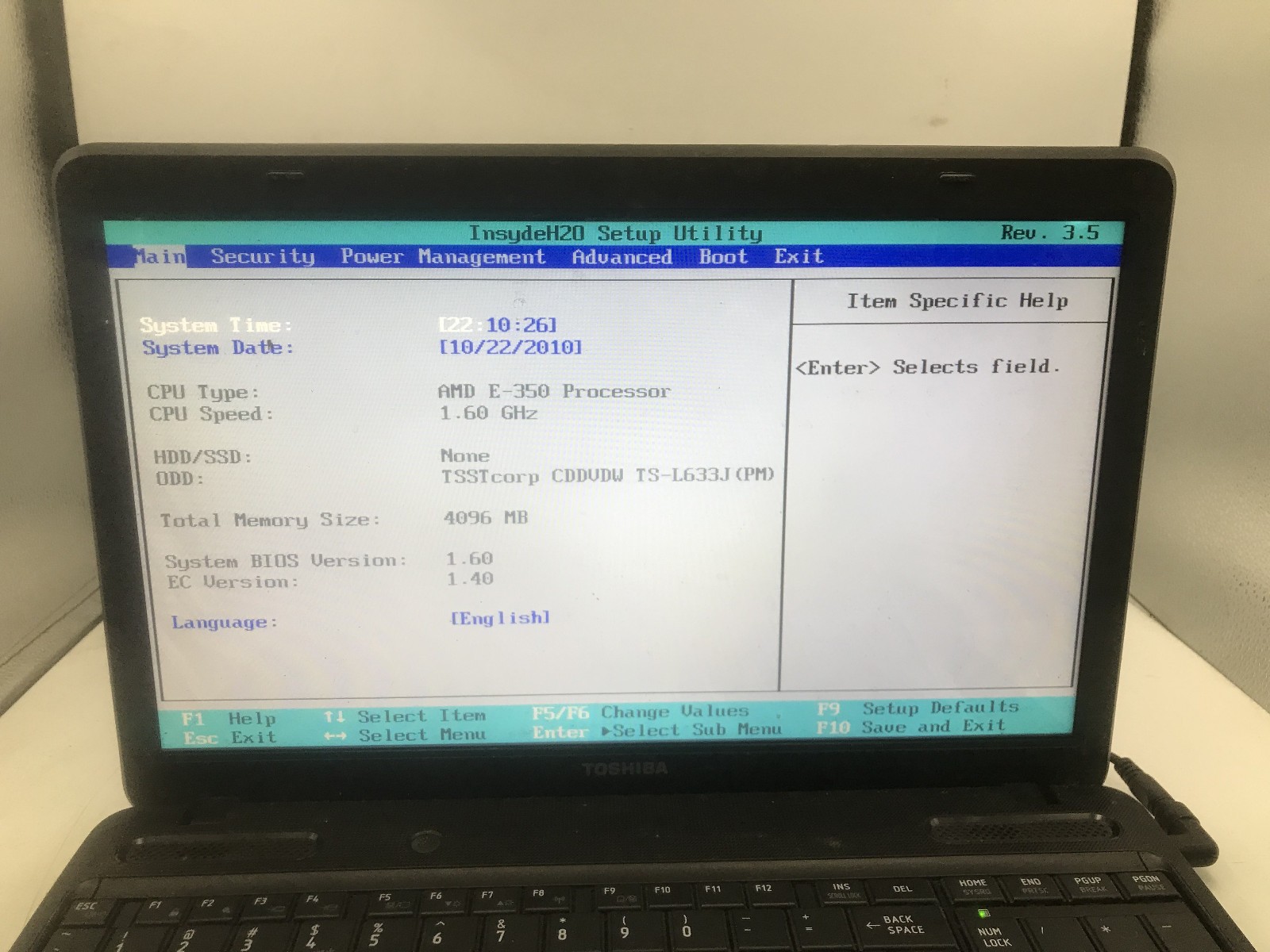 TOSHIBA SATELLITE C655D S5209 – BOOTS TO BIOS – AMD E 350 – NO RAM -READ DESC-BB