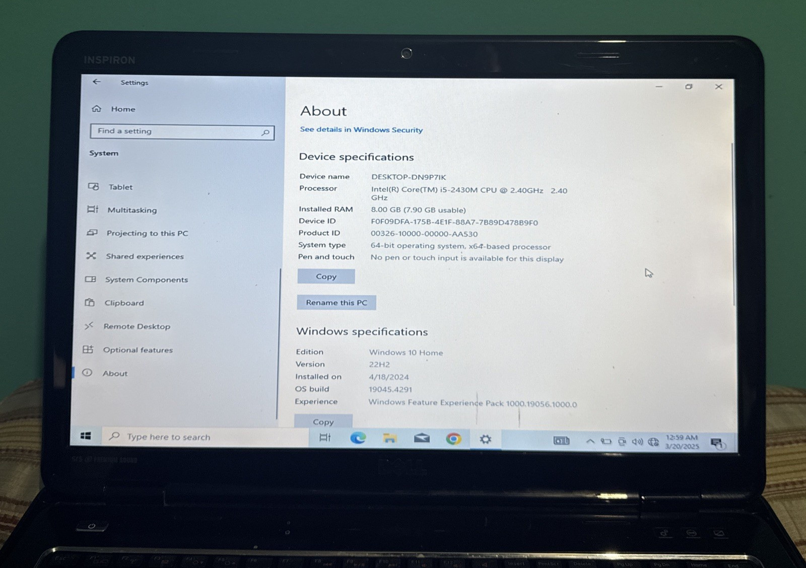 Dell Inspiron N7110 Laptop i5-2430M 2.40GHZ 8GB 240GB SSD W10H Bad Trackpad