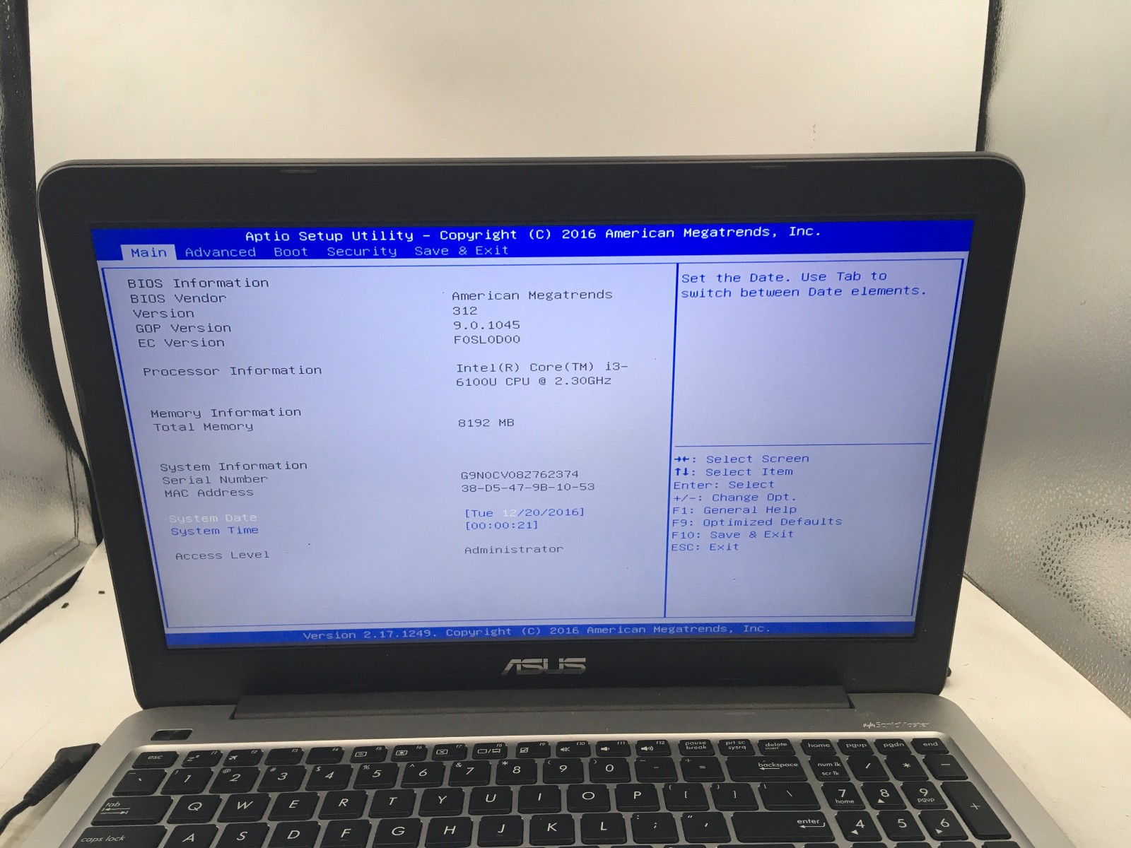 ASUS F556U NOTEBOOK – BOOTS TO BIOS – INTEL I3 6100U – NO RAM – NO OS – READ -BB