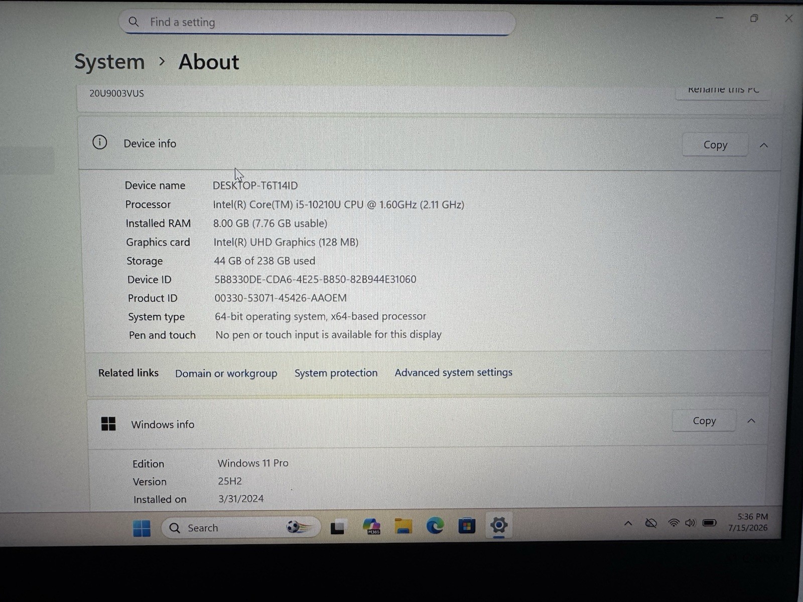Lenovo ThinkPad X1 Carbon Gen 8 FHD i5-10210U 1.60GHz 8GB RAM 256GB SSD Win 11P