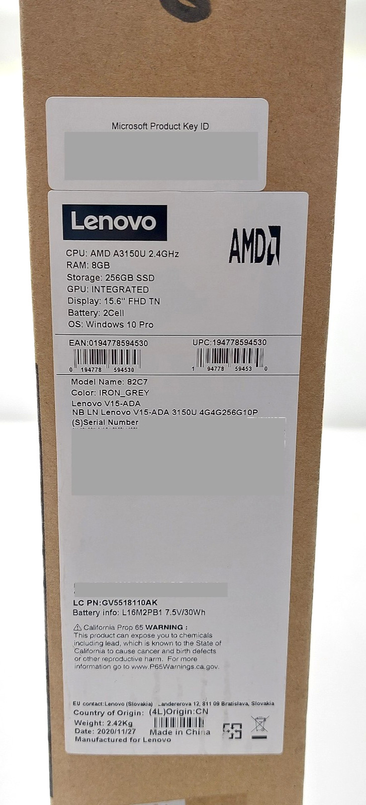 Lenovo 82C7 V15-ADA 15.6″ FHD TN AMD A3150U 2.4 GHz 8GB RAM 256GB SSD Win10 Pro