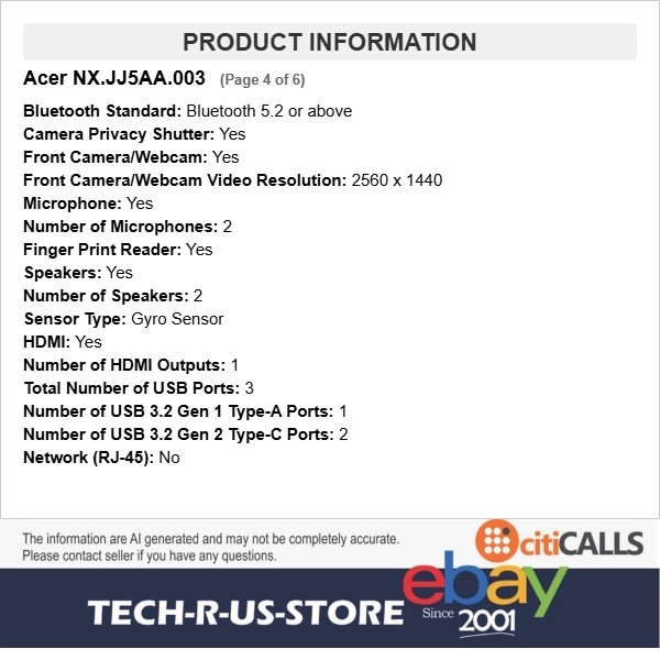 Acer NX.JJ5AA.003 Chromebook Plus Spin 514 14″ Touch Core 7 150U 16GB 256GB SSD