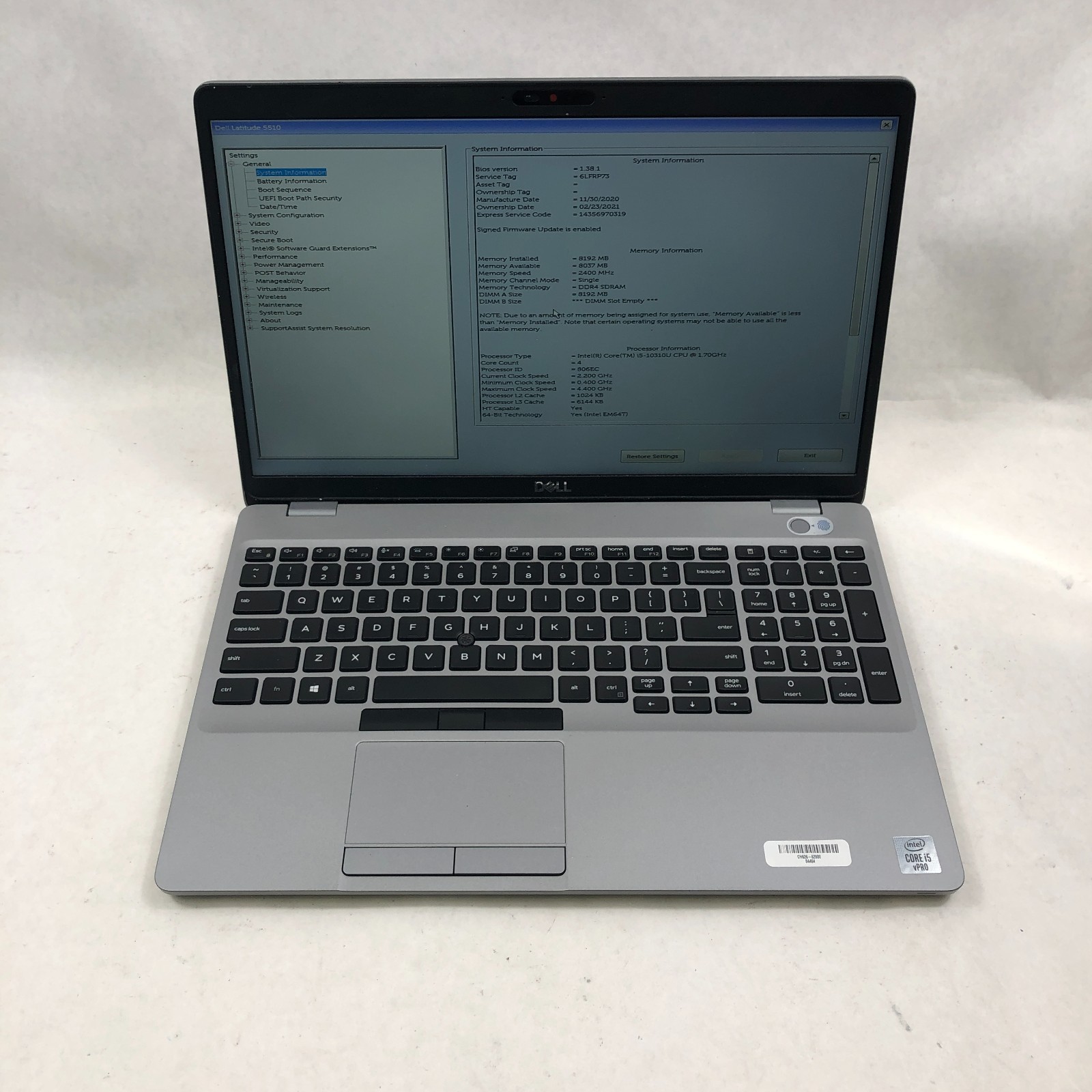 Dell Latitude 5510 | Intel Core i5-10310U | 8GB RAM | NO DRIVE | NO OS