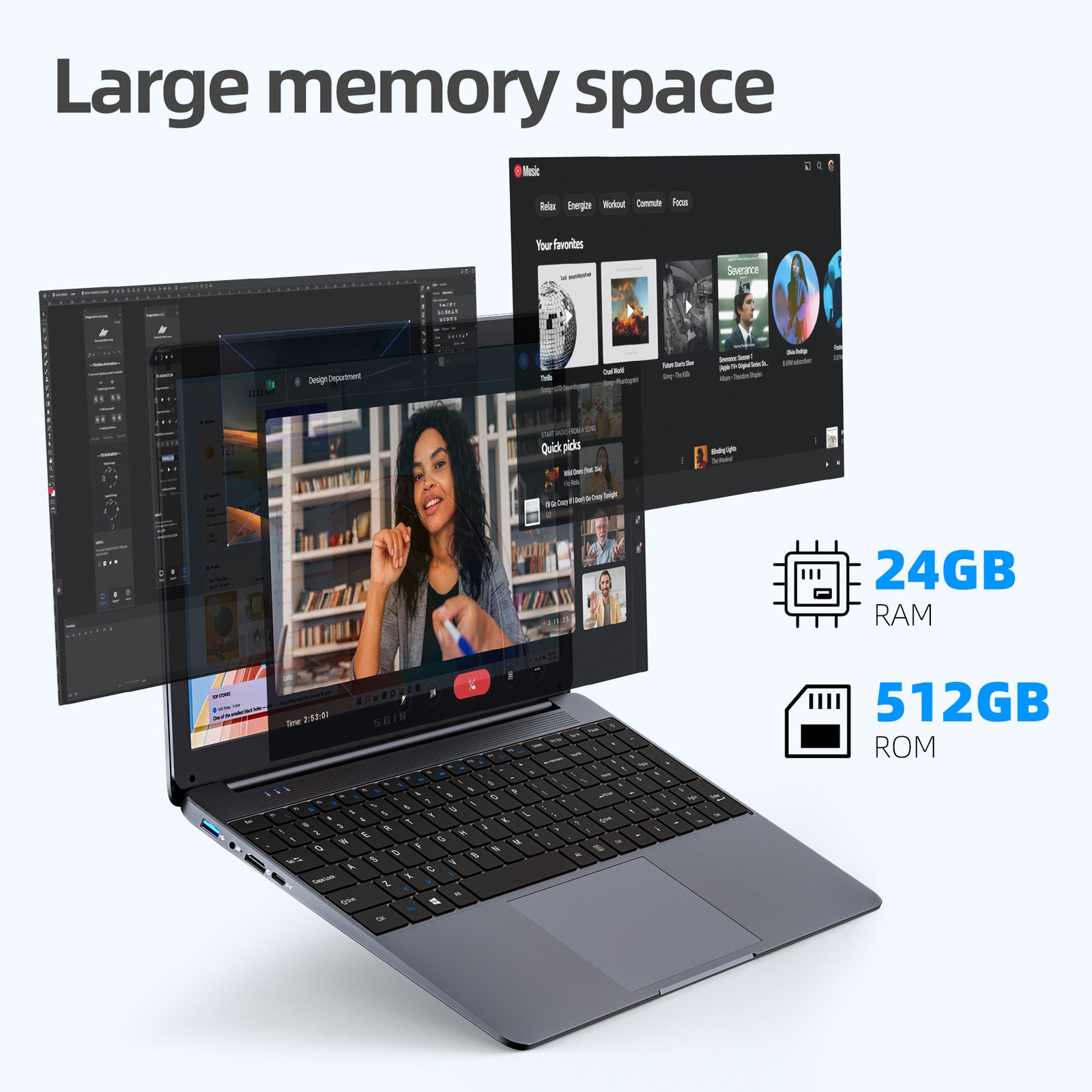 NEW SGIN 15.6″ Full HD Laptop Intel N5095 24GB RAM 512GB SSD 7000mAh Windows 11