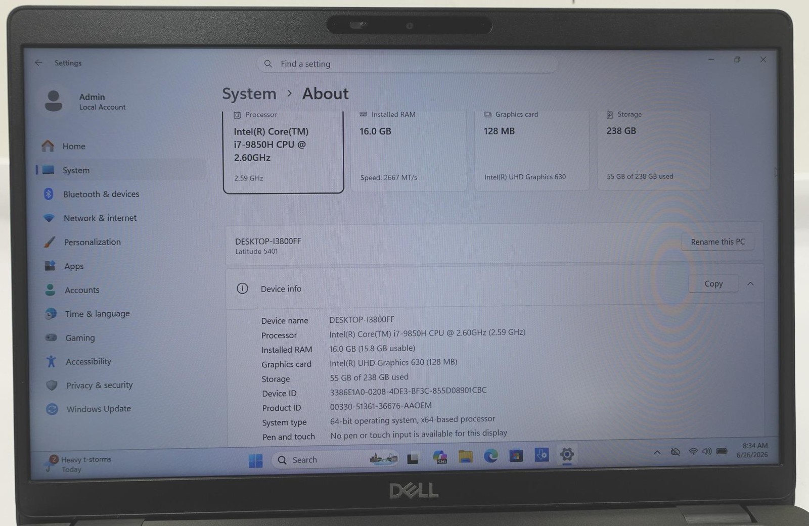 Dell Latitude 5401 14″ Core I7-9850H 2.60GHz 16GB 256GB SSD Laptop