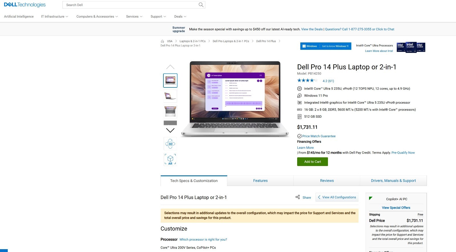 Dell Pro 14 Plus PB14250 FHD+ TOUCH, Intel Ultra 5, 16GB, 512GB (New in box)