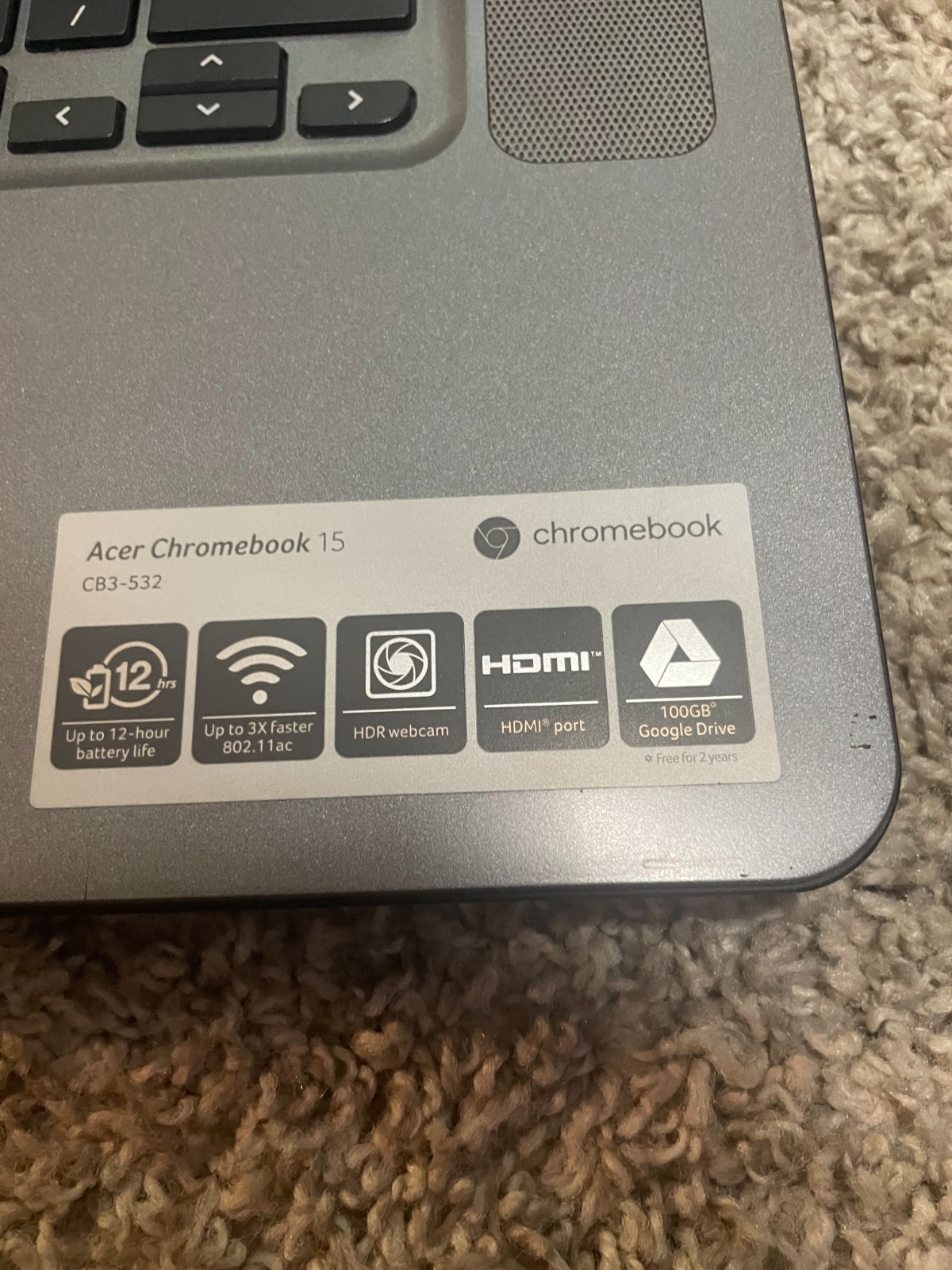 Acer Chromebook 15/ CB3-532/Grey/ 12 hour battery life/ Intel Inside/ HDR Webcam