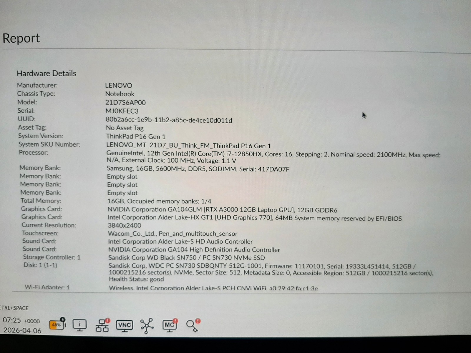 Lenovo ThinkPad P16 i7-12850HX 16GB RAM 512GB NVMe Screen Parts/Repair C3*16