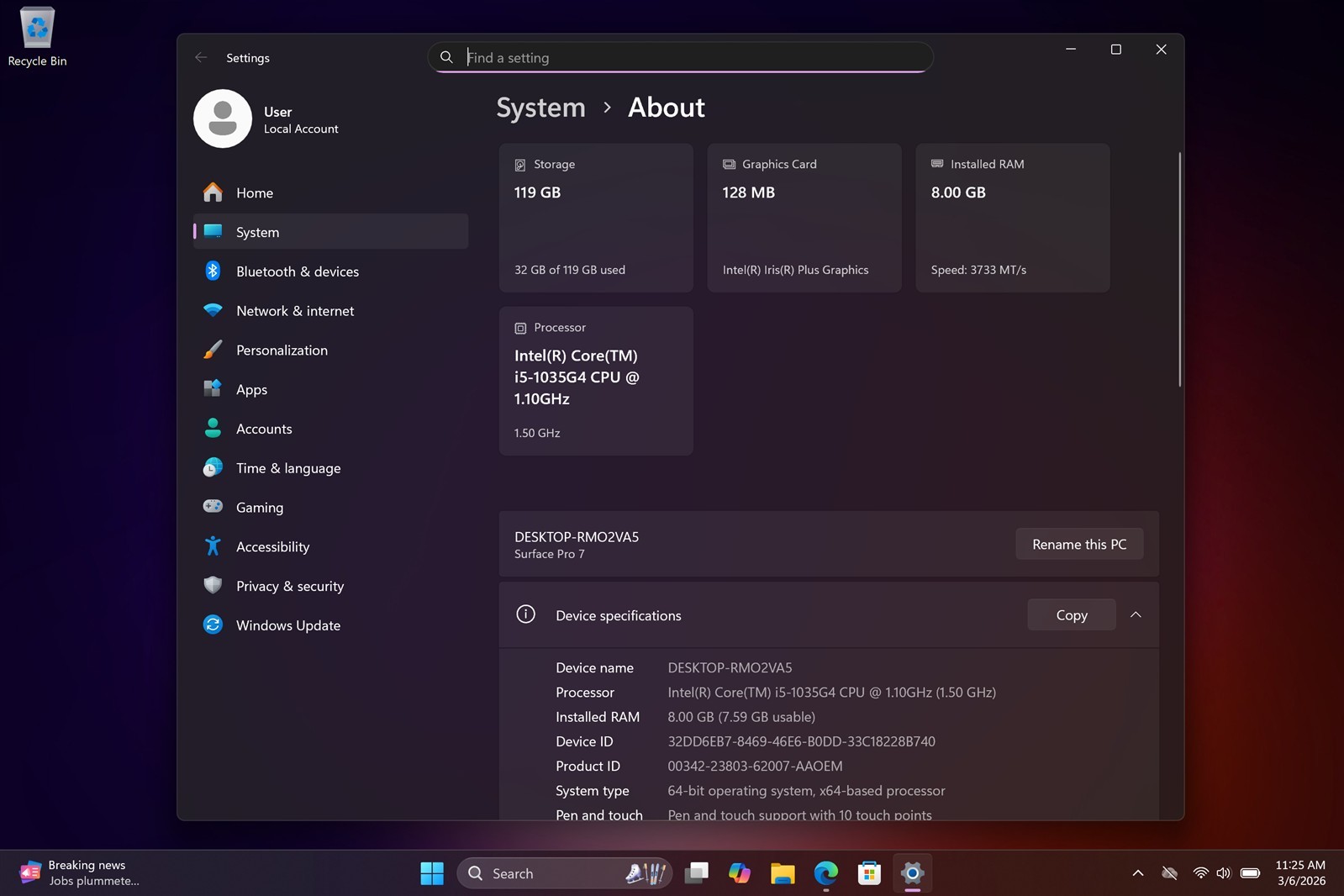 Microsoft Surface Pro 7 i5-1035G4 8GB RAM 128GB SSD 12.3″ Windows 11 Home