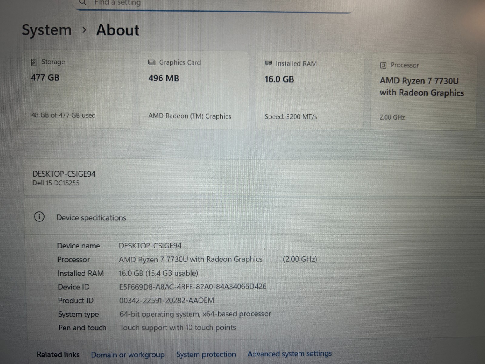 DELL 15 DC15255 G8MK9, AMD Ryzen 7 7730U, 2.00 GHz, 16 GB RAM, 512 GB NVMe SSD