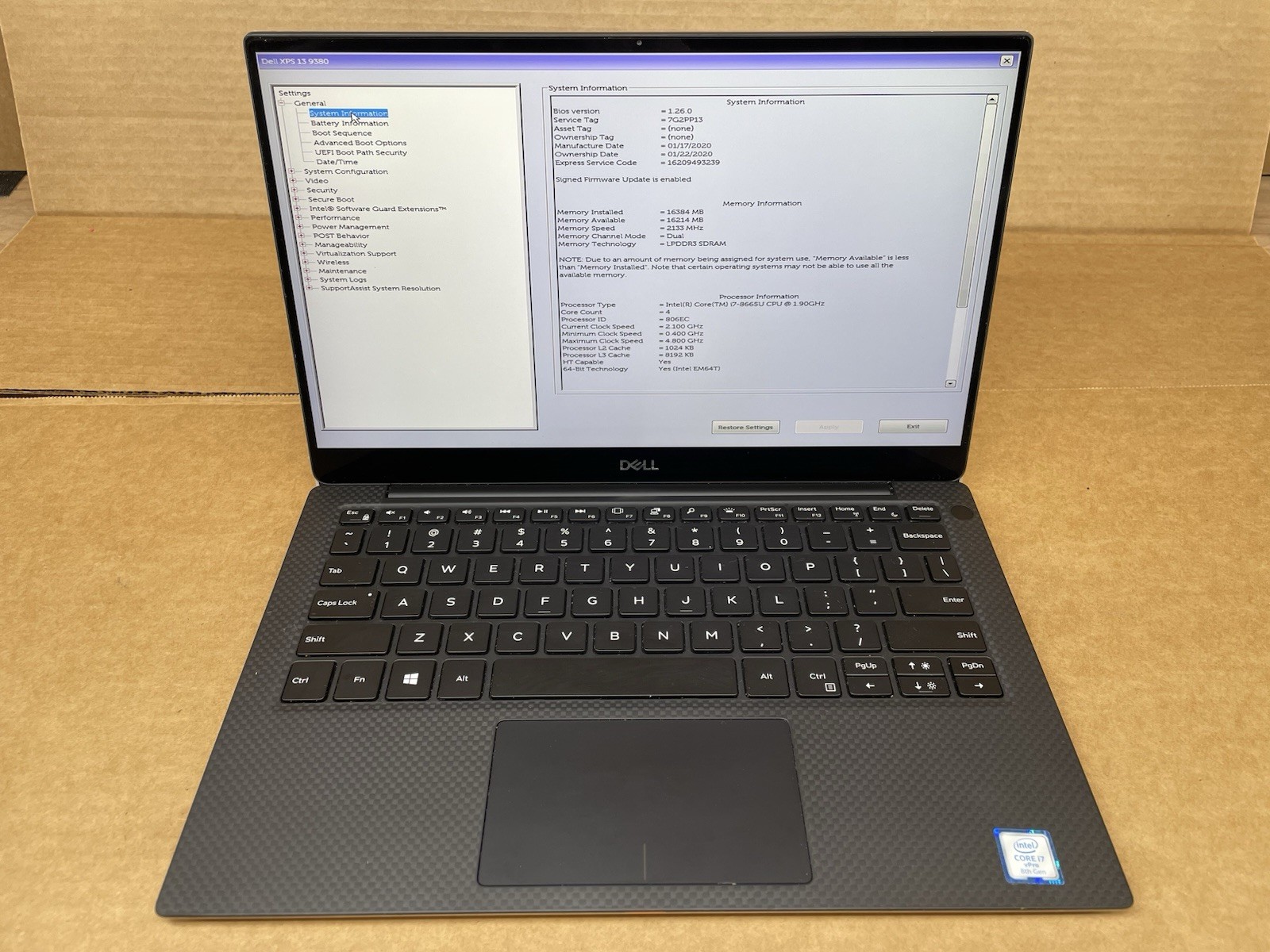 Dell XPS 13 9380, Intel Core i7-8665U @ 1.90GHz, 16GB RAM, NO SSD, No OS,