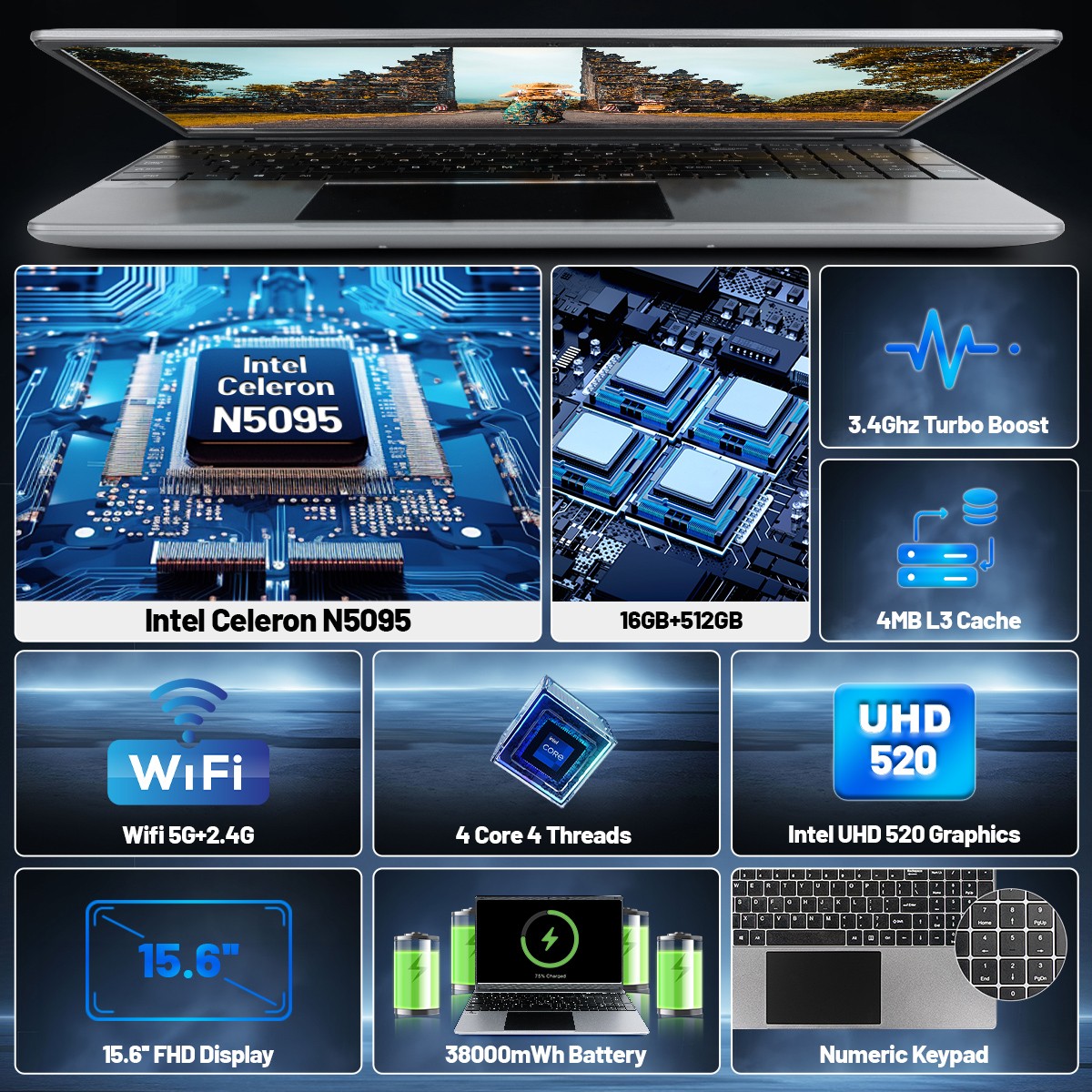 2026 15.6 inch Laptop 16GB+512GB Windows 11 Computers WiFi, Bluetooth, Type-C