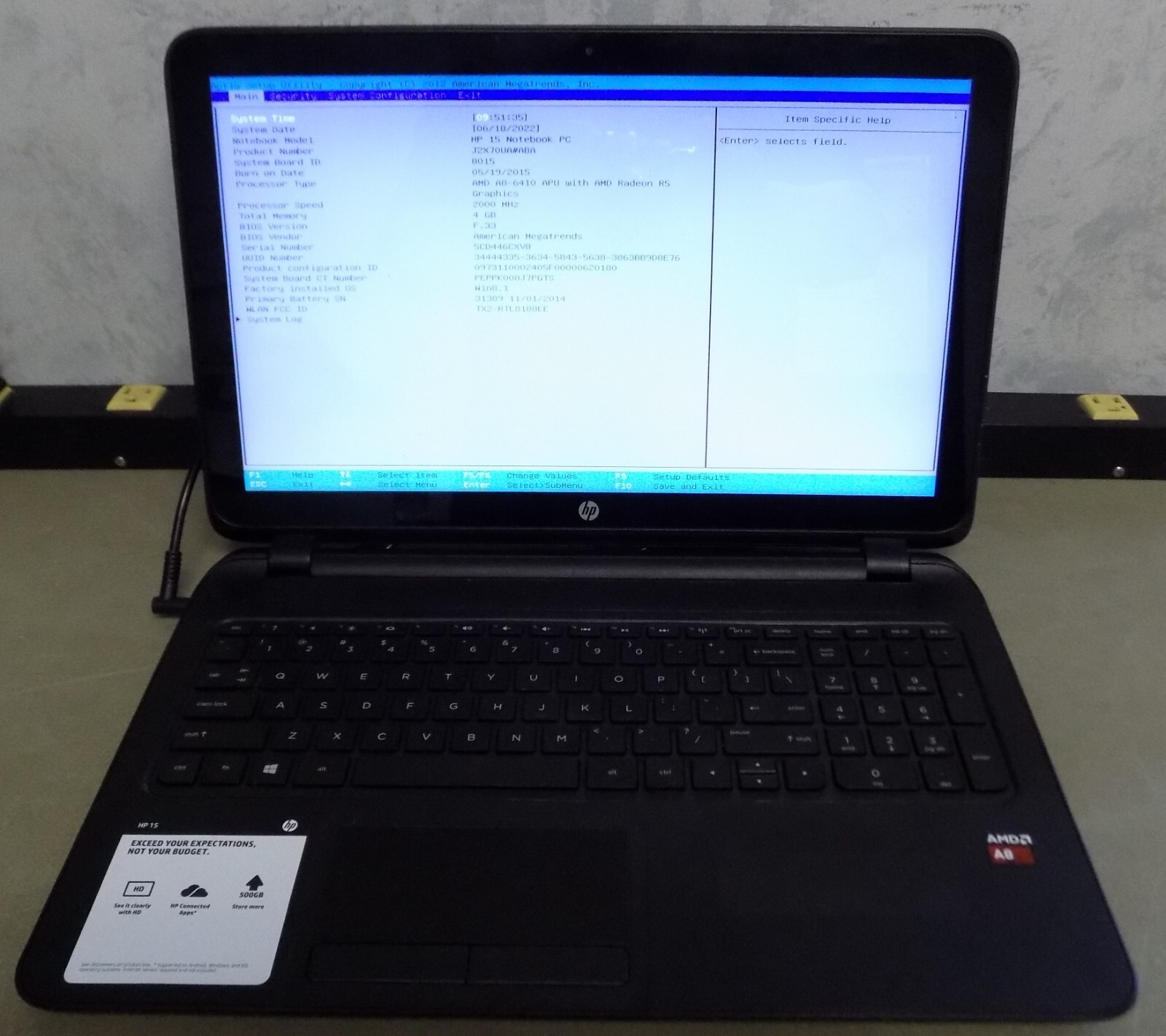 HP 15 Notebook Pc *No HDD* BAD KEYBOARD, 4Gb, AMD A8-2.00Ghz (Parts/Repair)