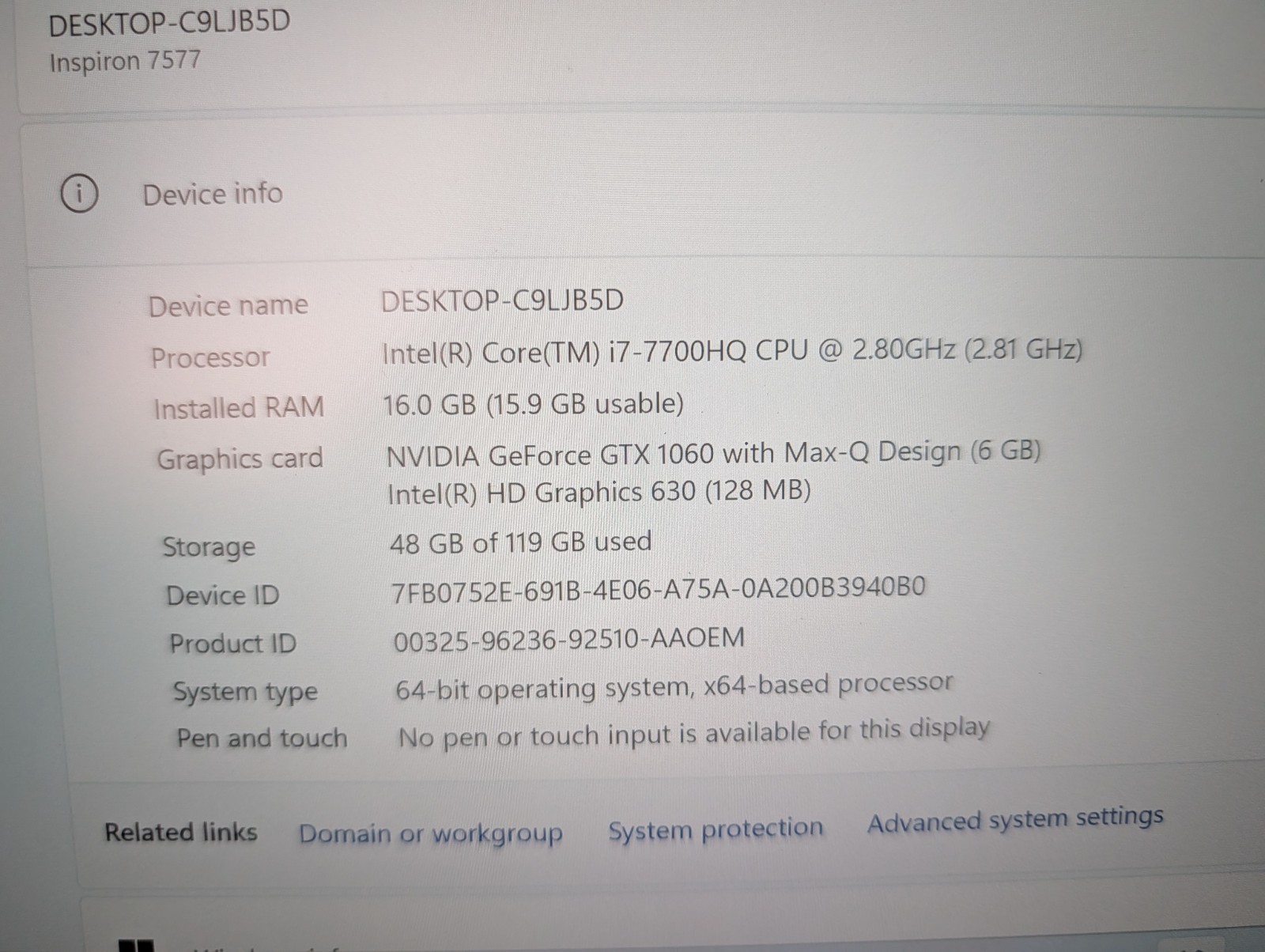 Dell Inspiron 15 7577 Laptop i7-7700HQ 16GB DDR4 RAM GTX 1060 6GB Windows 11