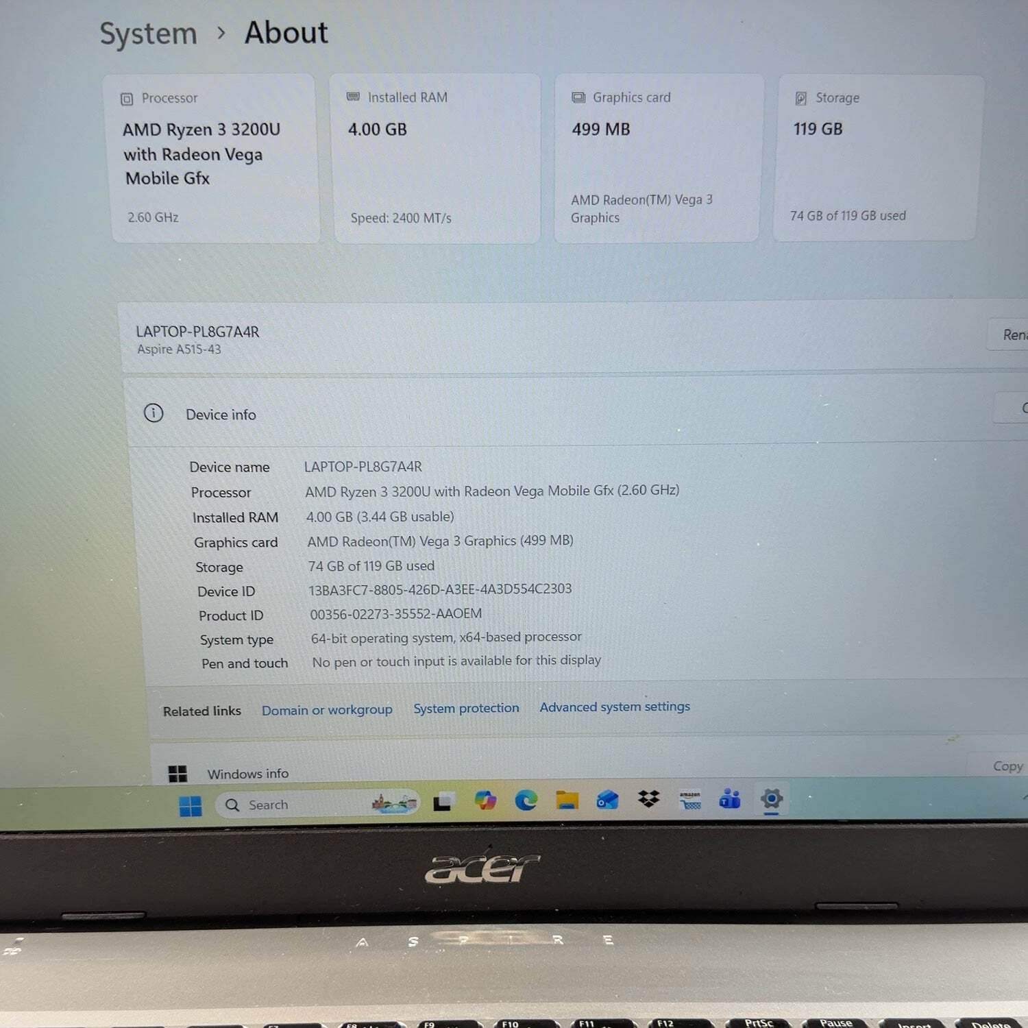 Acer Aspire 5 N19C3 15.3″ Ryzen 3 3200U 2.6GHz 4GB RAM 128GB SSD