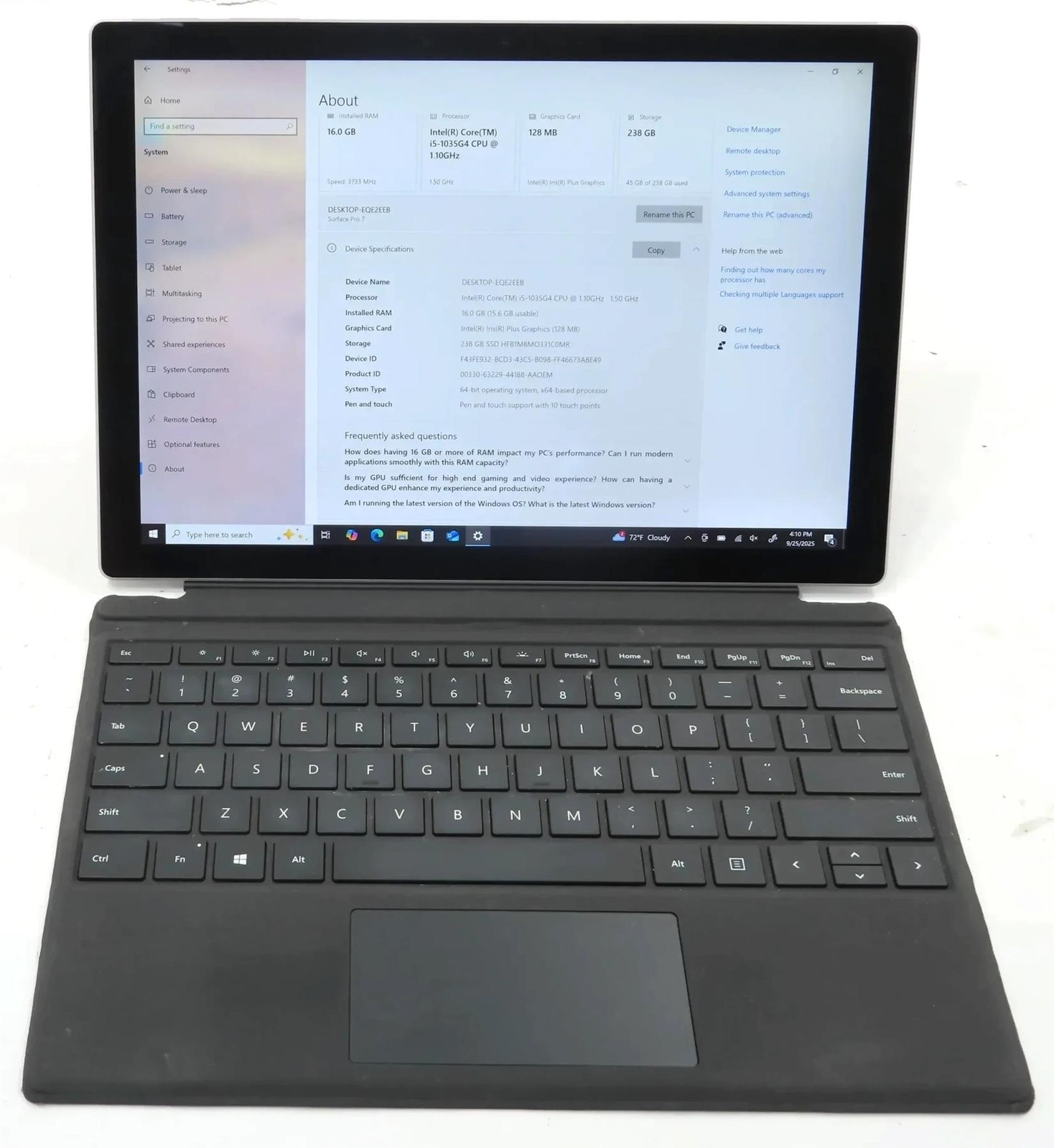 Microsoft Surface Pro 7 1866 Core i5-1035G4 1.10GHz 16GB 256GB