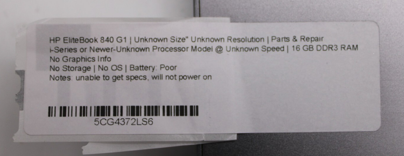 HP Elitebook 840 G1 i5 Series 14″ 16GB RAM NO HDD/OS/BadBATT *PARTS/REPAIR*READ*