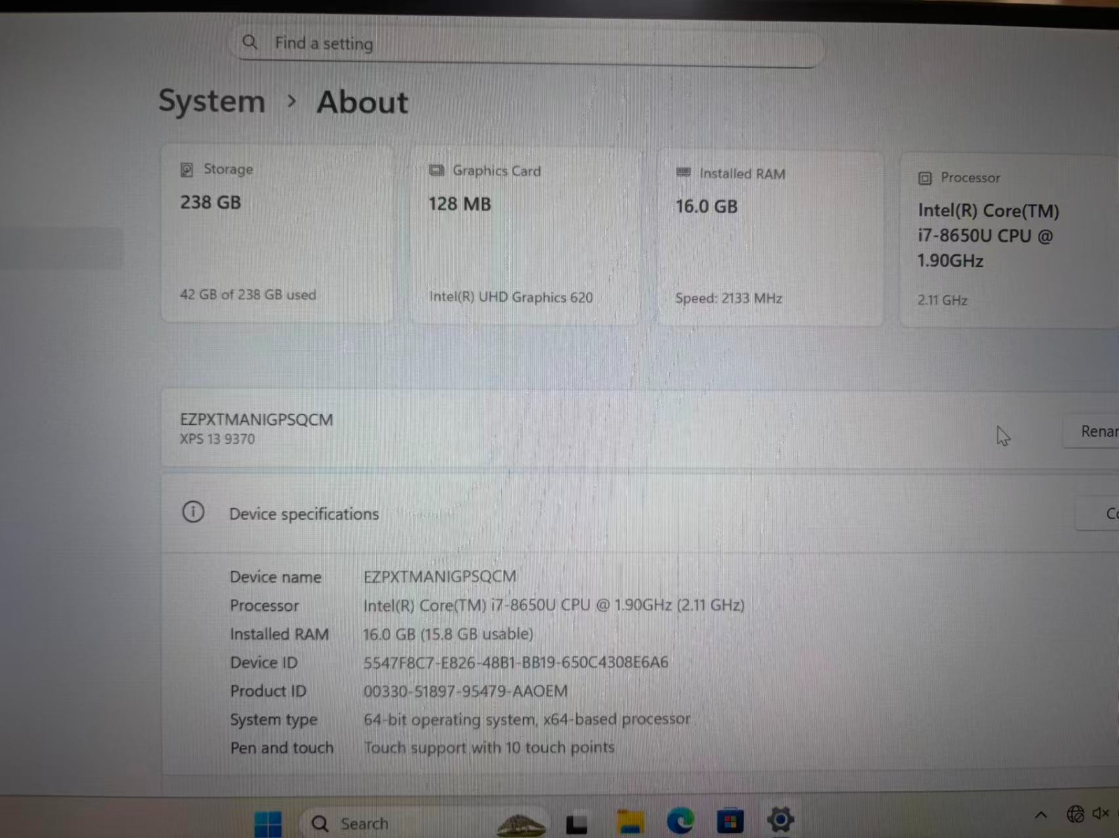 Dell XPS 13 9370 13.3” Laptop i7-8350U 16GB RAM 256GB SSD Windows 11 Pr Touch