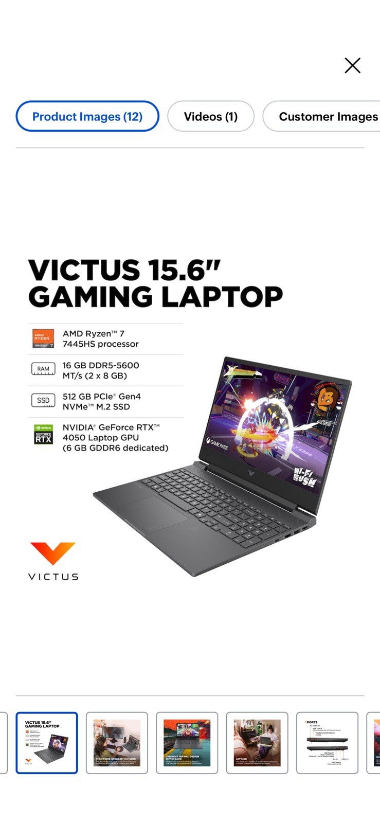 HP Victus 15.6″, 16GB RAM, 512GB,144Hz Full HD, NVIDIA RTX4050 Mica Silver 2024