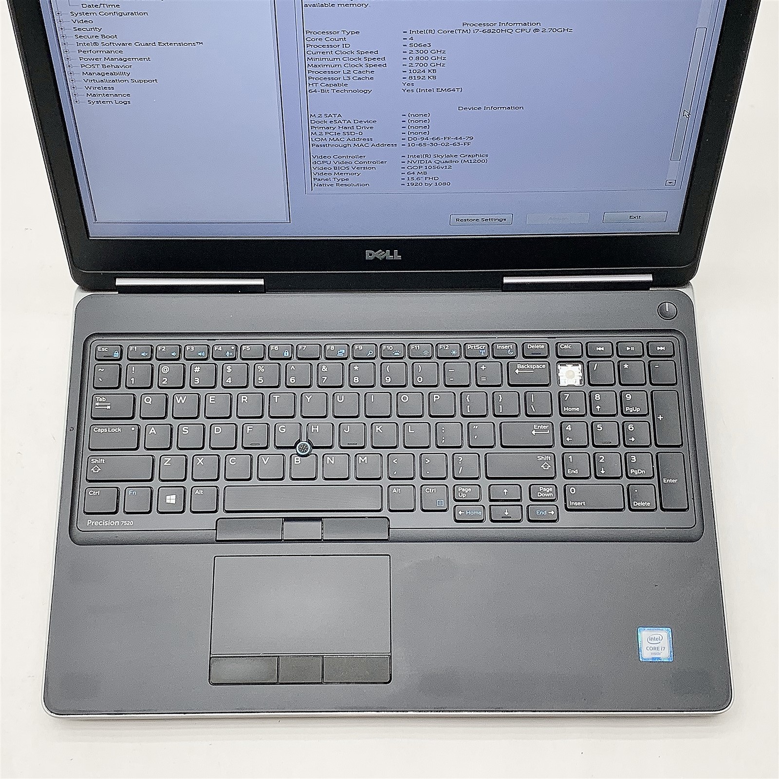 Dell Precision 7520 Laptop Intel Core i7 6820HQ 2.70GHZ 15.6″ FHD 16GB NO HDD