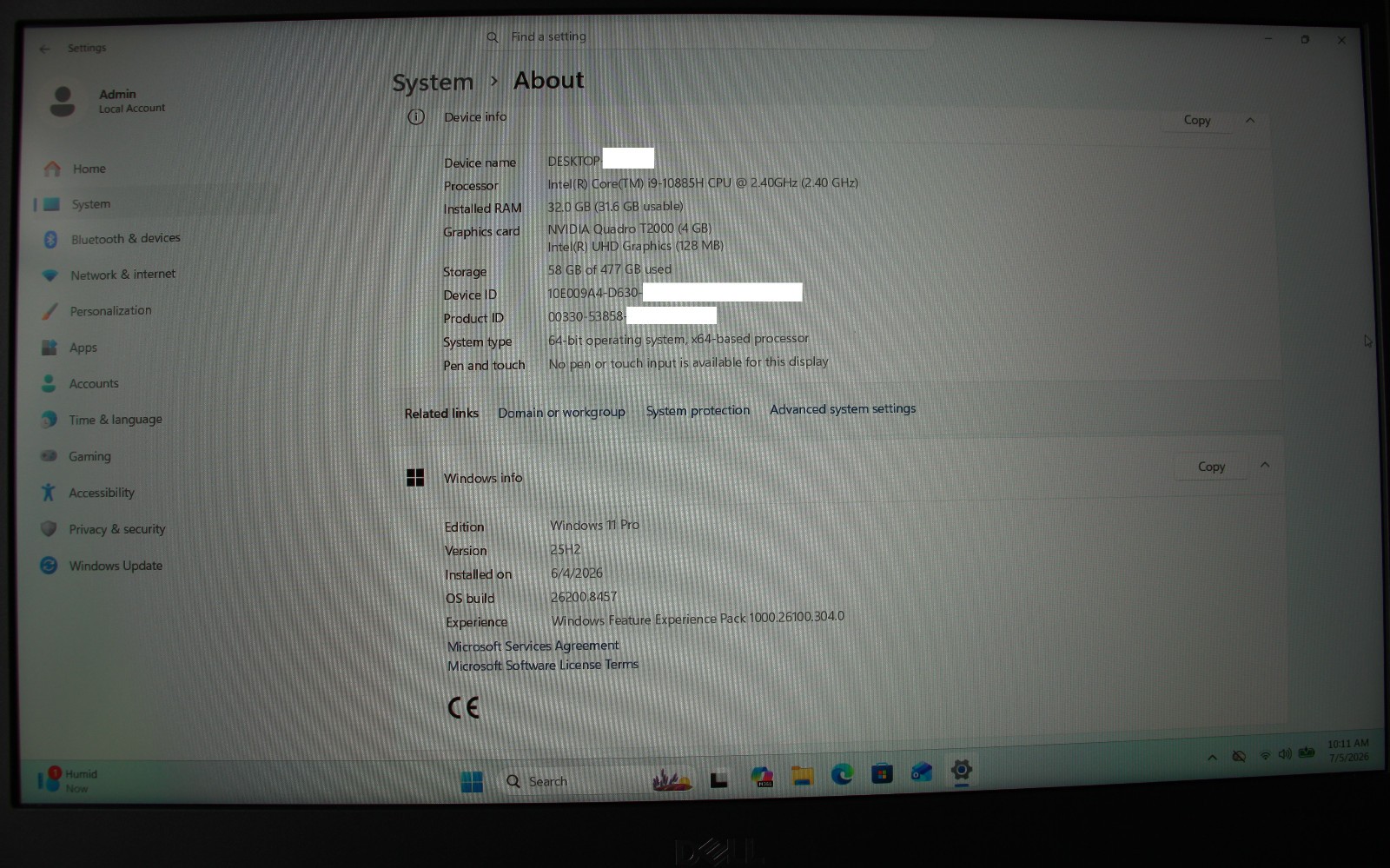 Dell Precision 7550 15.6” i9-10885H | 32GB Ram | 512GB SSD | 4GB QUADRO T2000