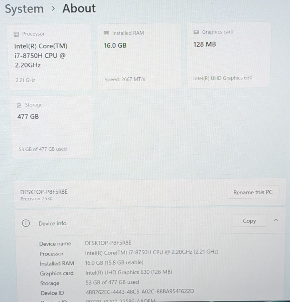 Dell Precision 7530 15.6″ i7-8750H 2.20GHz 16GB 512GB SSD W11P 6ZJQ8S2