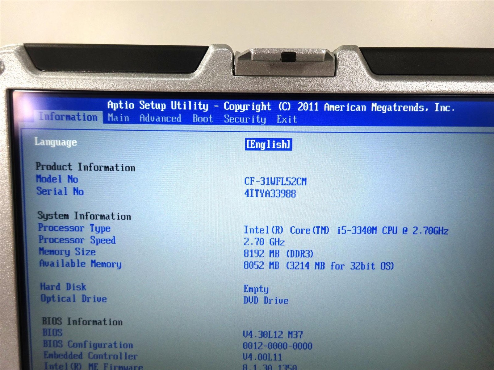 Panasonic CF-31 MK4 Core i5-3340M 2.70GHz 8GB RAM – No Hard Drive