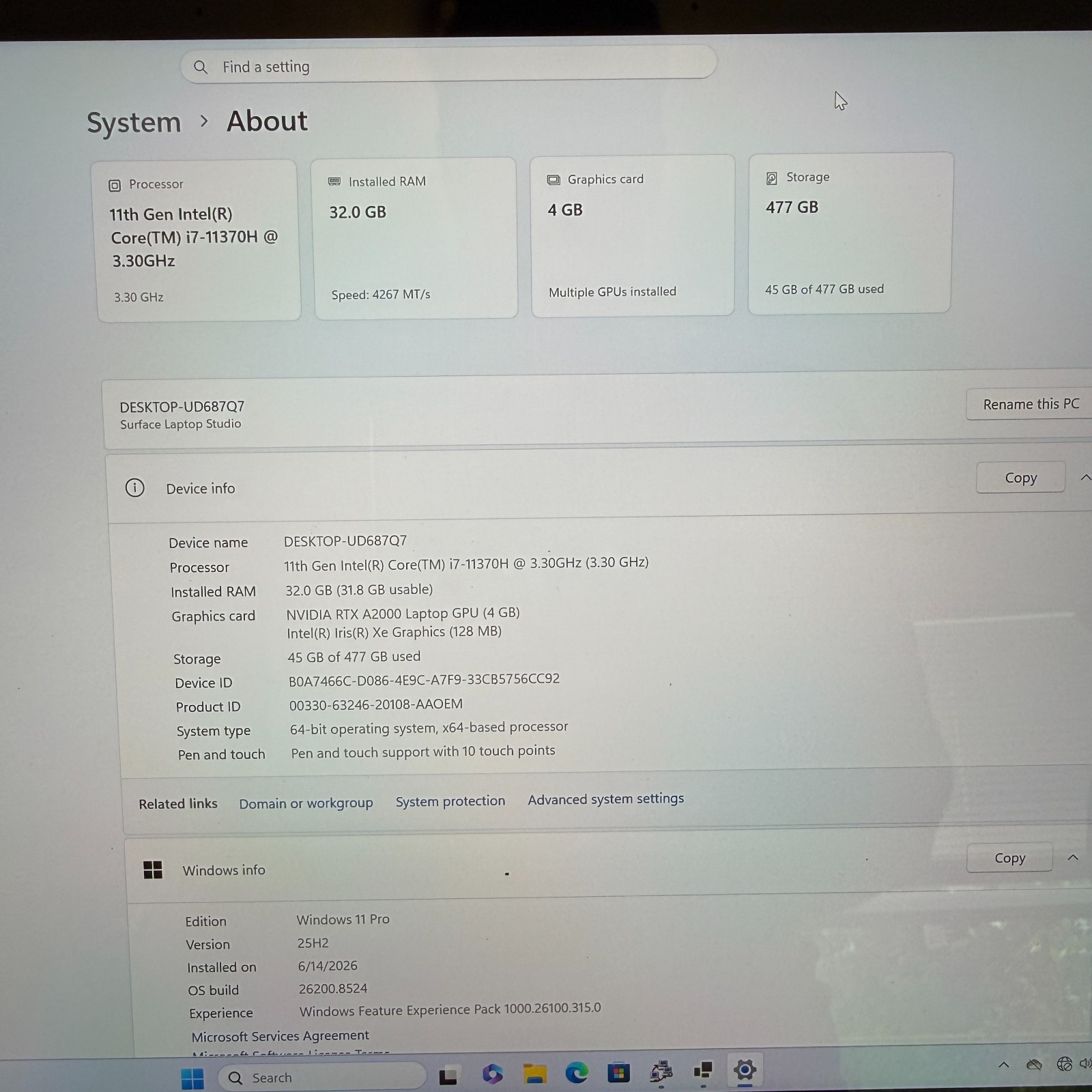Microsoft Surface Laptop Studio 1964 14.4″ i7-11370H RTX A2000 32GB RAM 512GB