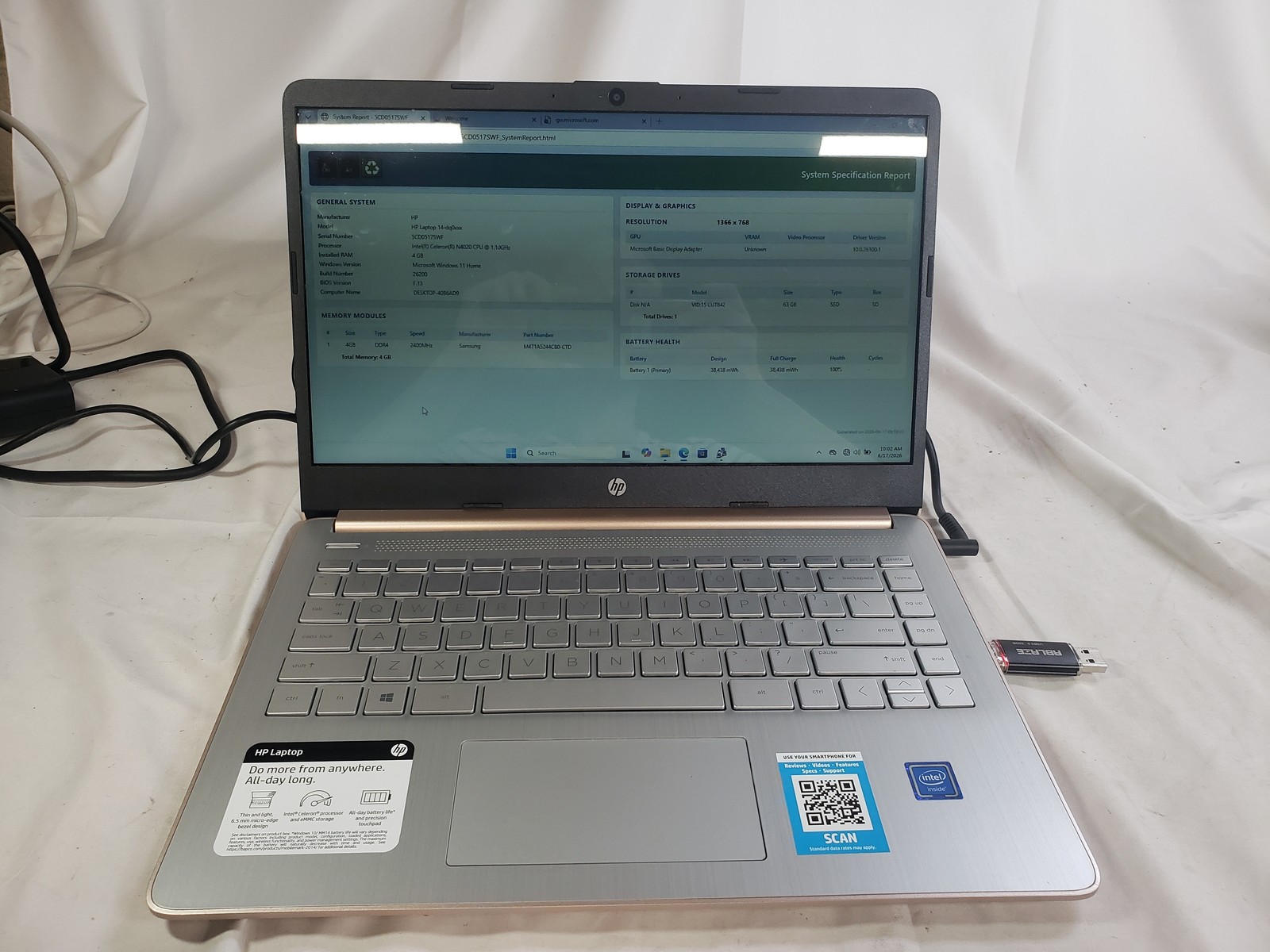 HP HP Laptop 14-dq0xxx Celeron N4020 1.1GHz 4GB 63GB SSD 14″
