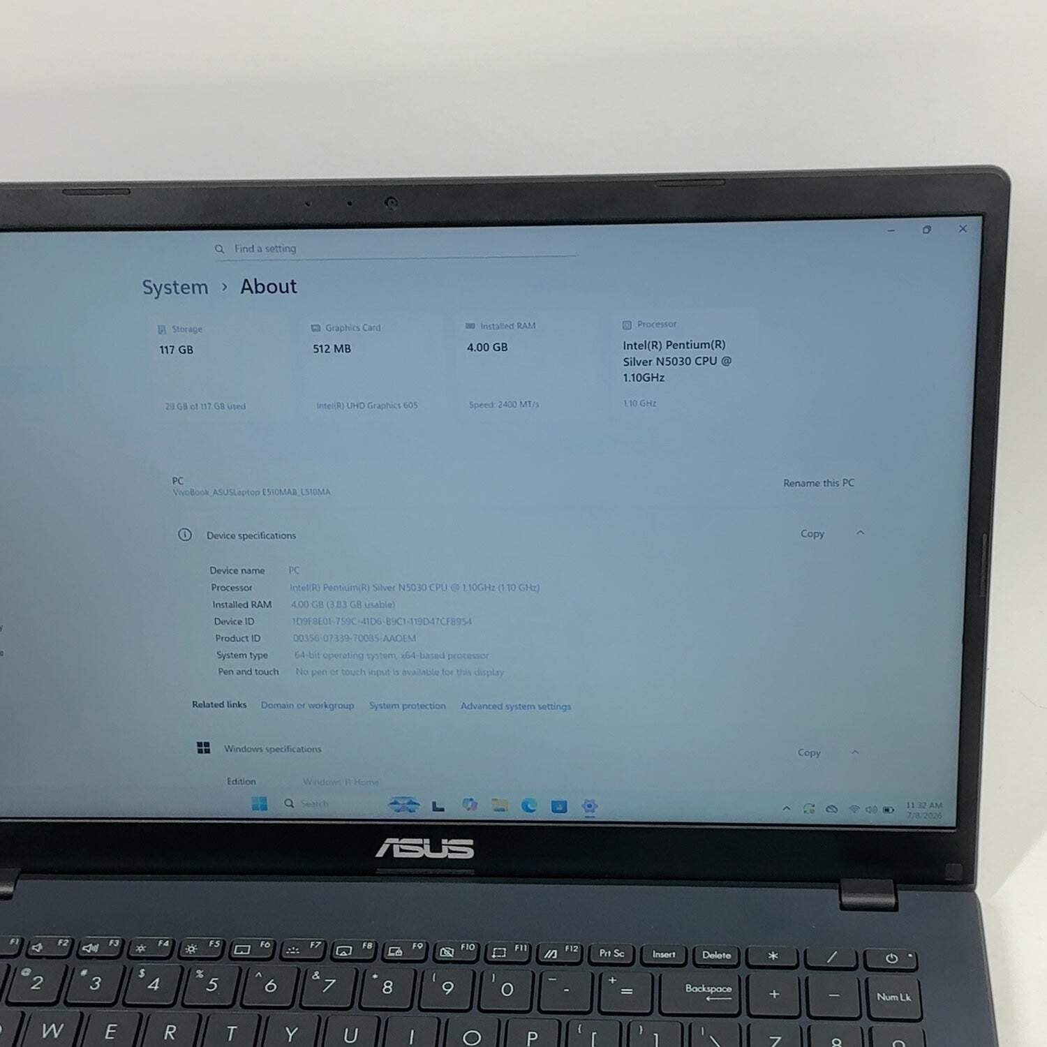 Asus Notebook L510M 15.6″ Pentium Silver N5030 1.1GHz 4GB RAM 128GB SSD