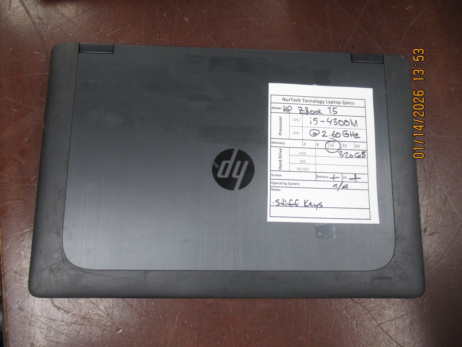 HP ZBook 15 15.6″ Intel i5-4300M 2.60GHz 16GB 320GB HDD Laptop w/ AC [NO OS]
