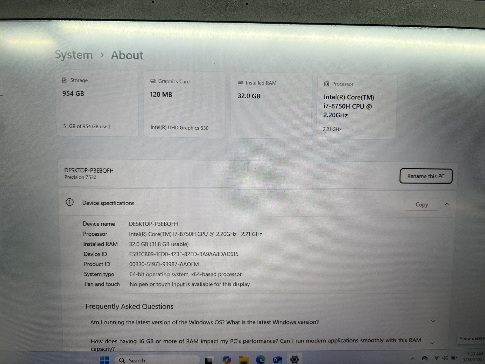 DELL PRECISION 7530 i7-8750H @ 2.20GHz 32GB RAM 1TB NVMe W11P WCHARGER *QTY
